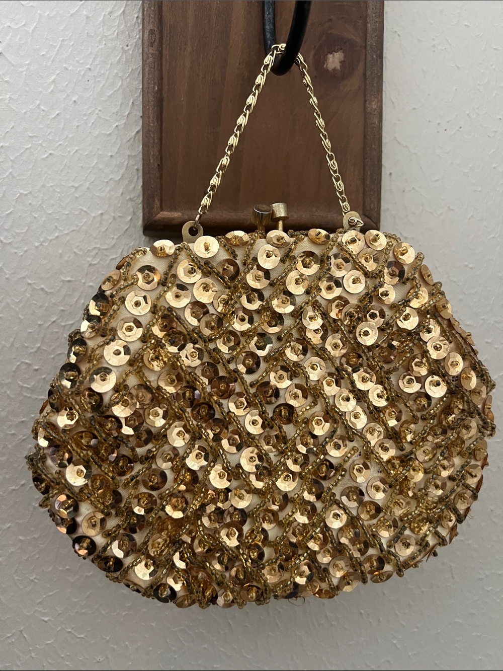 Vintage Mini Hand Beaded Gold Sequin Evening Bag Purse Handmade Hong Kong Clutch